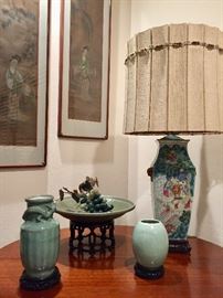 Celadon grouping with custom lamp