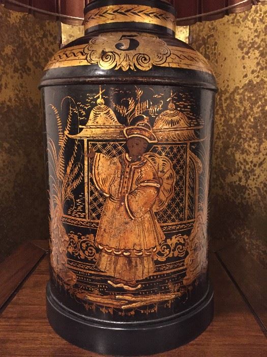 A Pair of Antique Tole  Gilt Tea Canister Lamps  detail