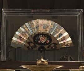 18Antique Handpainted, Fan of Great Beauty with Inset Mirror in its own Custom Display Case
