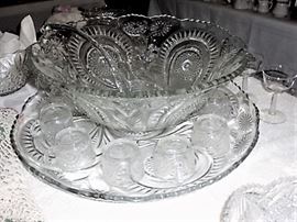 ANTIQUE AMERICAN BRILLIANT PUNCH BOWL WITH GLASS LADLE, CUPS AND TRAY - ABSOLUTELY GORGEOUS!