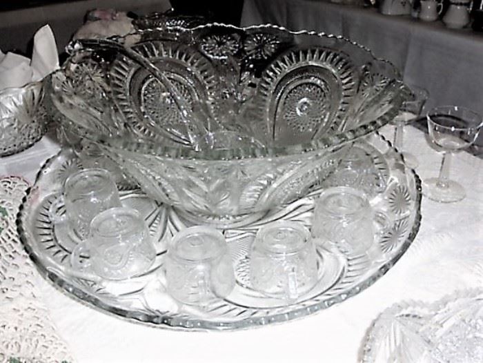 ANTIQUE AMERICAN BRILLIANT PUNCH BOWL WITH GLASS LADLE, CUPS AND TRAY - ABSOLUTELY GORGEOUS!
