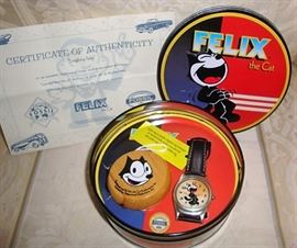 VINTAGE FELIX THE CAT WATCH SET IN ORIGINAL TIN WITH COA 