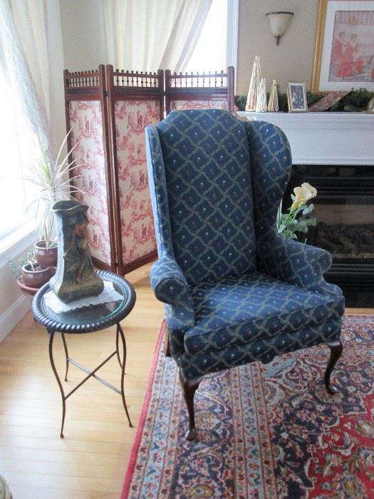 Wing Chair w wonderful fabric, Folding Screen Silk Asian Theme panels