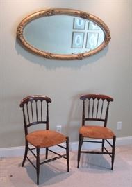Pair Antique Chairs, Oval Antique Frame Mirror