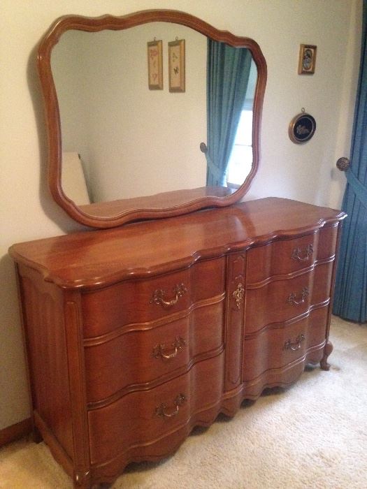 French Provincial Bedroom Set, Headboard-Footboard, Dresser with mirror, Bedstand.  Can be sold as a set or by the piece.