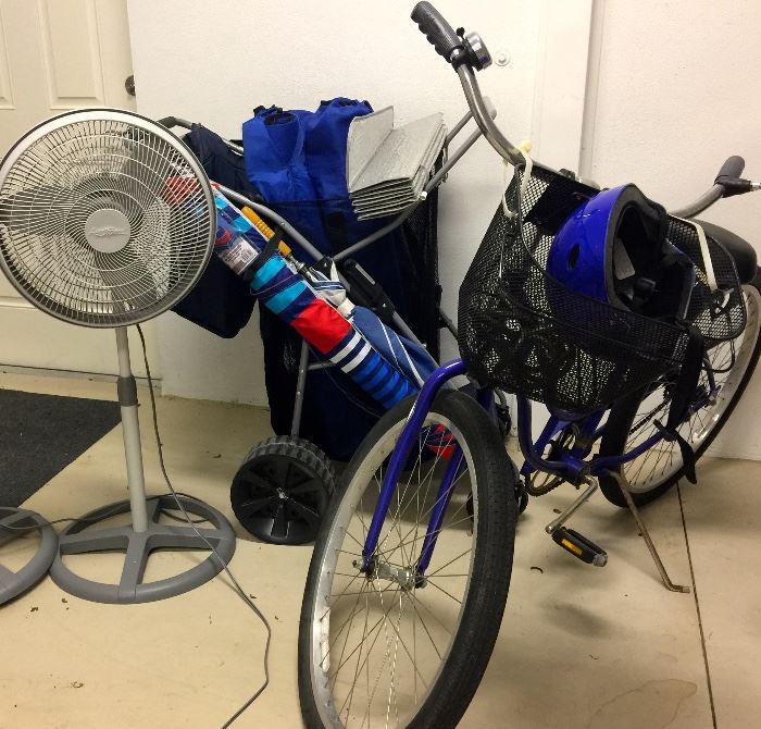 schwinn lady's bike, TWO like new stand up fans,  4 like new portable camp/beach chairs, beach umbrella, beach cart.