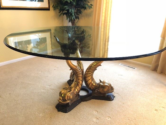 Gorgeous Vintage Italian Brass Dolphin Tail Koi base dining table with 6 chairs 