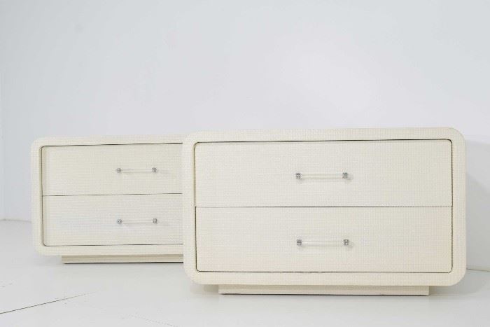 Pair of mid century nightstands in white lacquered grasscloth