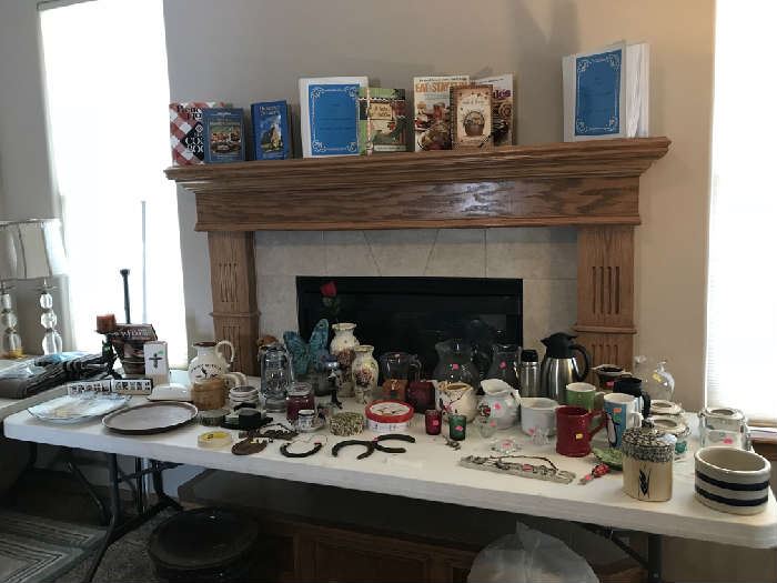 Cowboy table top serving items.   Cookbooks.  Crocks.  Tea pots.  creamers.   soup mugs.  Mugs.  Vases.  Decorative items.