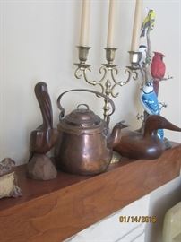 Copper tea kettle, wood duck and bird