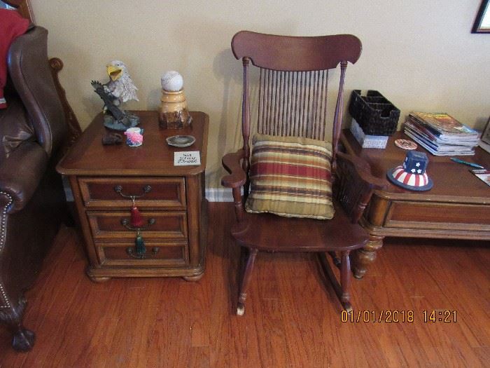 wooden rocking chair, wooden end table, wooden coffee table