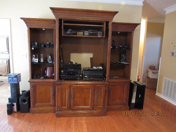 3 piece Hooker entertainment Center.  Pieces sold separately.   Cordless phone systems, turntable, 5 CD player, Receiver, cassette deck, VCR, Wireless headsets, Logitec Harmony One remote