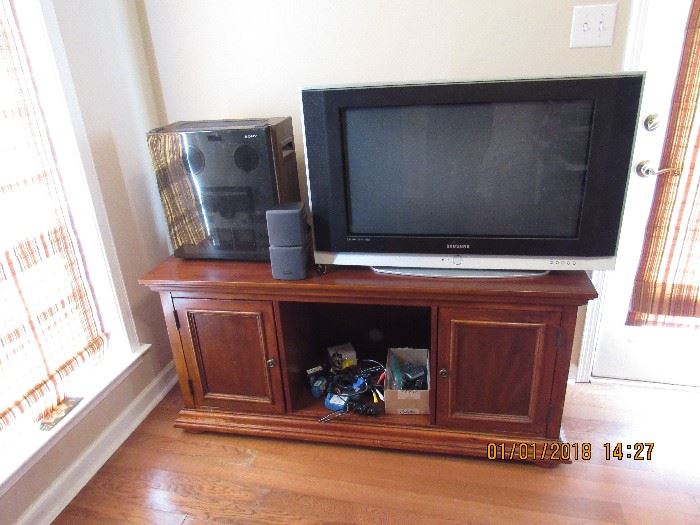 Sony reel to reel, TV, surround sound speakers, wooden TV stand