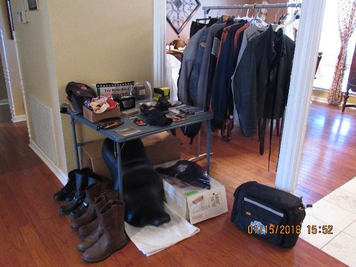 Harley Davidson riding gear, seat, windshield, picnic kit, leather coat, shirts, hats, gloves, boots, wallet 