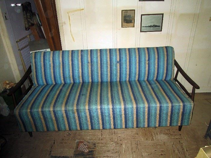 Living Room:  Fantastic Mid-Century Sleeper Couch Turquoise Blue/Tan/Light Blue Great Condition