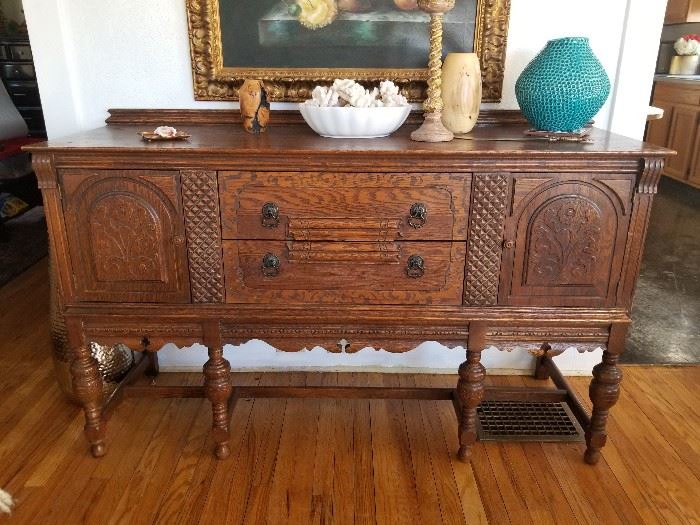 Hand carved Spanish Buffet, matching dining table with traditional or parson chairs $1000 set $750 Buffet