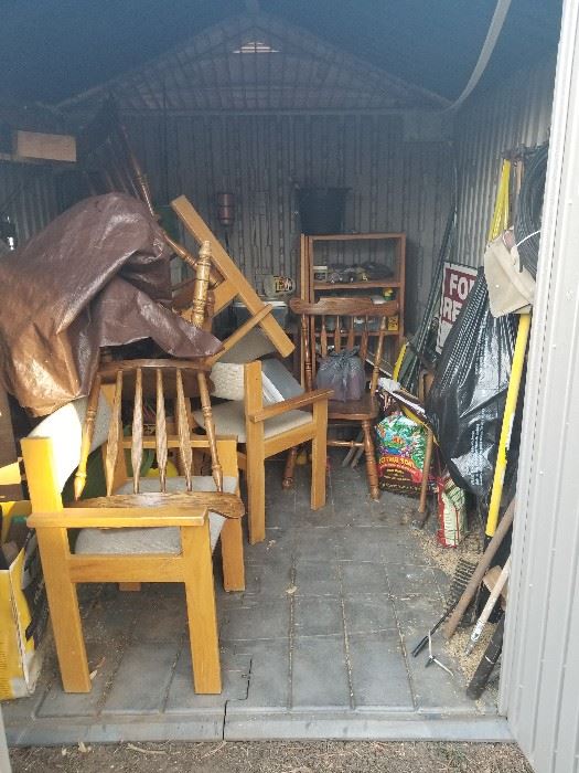 Garage and shed full of bargain item $2-10/piece Christmas trees, chairs, leaf blower, tools