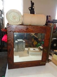 vintage wooden towel lholder w/mirror
