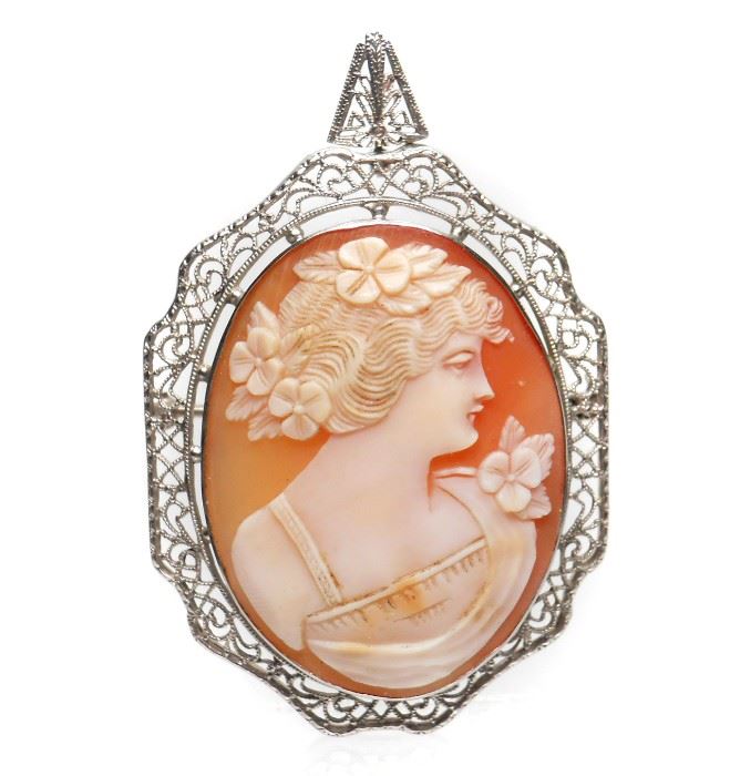 EXQUISITE LARGE 14K GOLD CAMEO BROOCH PENDANT