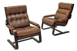 2 DANISH MODERN BENTWOOD LEATHER LOUNGE CHAIRS