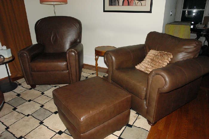 Leather recliner and chair with ottoman