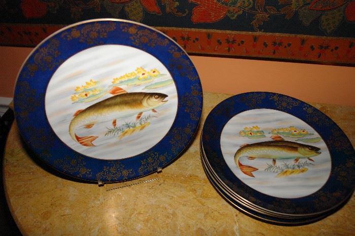 Set of Limoges plates with trout