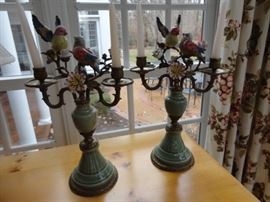 Elegant antique bird candelabra.  Curtains in background are for sale  