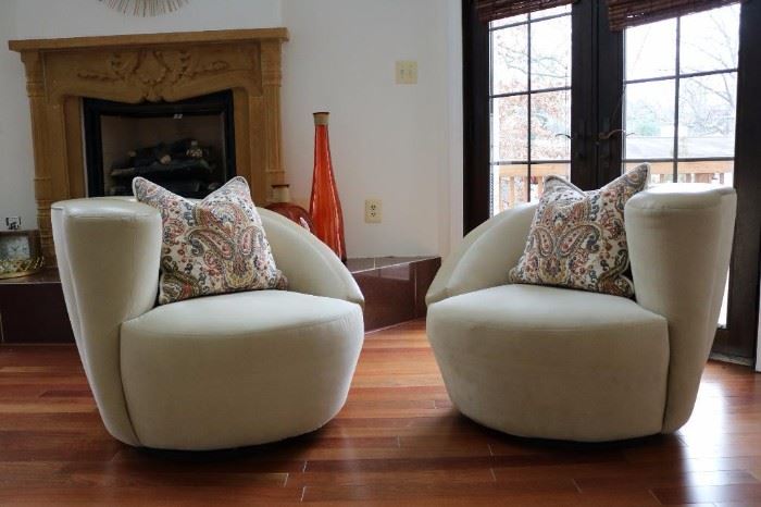 Vladimir Kagan, "Nautilus" Swivel Lounge Chairs Pair- custom ultra suede cream fabric