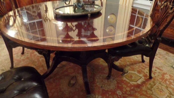 60 in Inlay Round Pedestal Table with Glass Top, $3,000 also a 72" round table  $3, 800