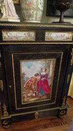 Victorian Cabinet, Approx 4 ft high x 3 ft wide, Marble top with hand painted Sevres porcelain plaques, $4,500