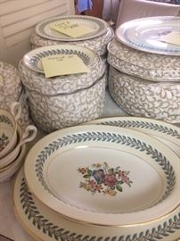 Don't know pattern, but this Wedgewood China is all in perfect condition.  16 dinner plates , 12 salad dishes, 16 desert dishes, 16 cups and saucers as well as a serving dish and bowl.