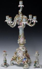LOT #5- DRESDEN PORCELAIN (3) PC. CANDLE STAND SET
