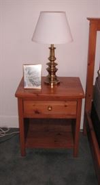 Pine bedside table (pair); Stiffel brass lamp (pair)