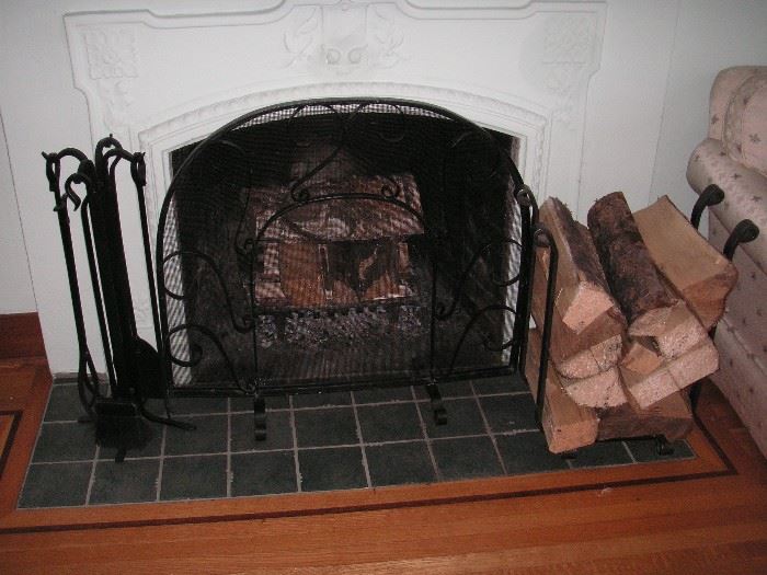 Wrought iron fireplace tool set, screen & wood holder