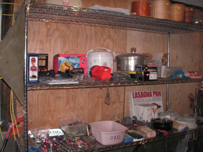 Kitchen items & tools; large metal shelving unit