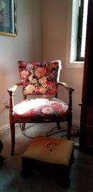 Bedroom chair, needlepoint footstool