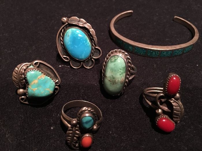 Silver and turquoise rings and bracelet