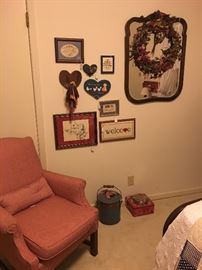 Arm chair, needle work pictures, antique mirror, wreath