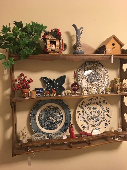 Display shelf, bird houses, miniatures, Courier & Ives plate, Blue Onion Plate, opalescent sugar and creamer ivory tooth & misc