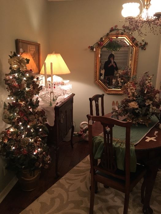 Lighted tree, antique buffet, antique table and chairs , mirror, 