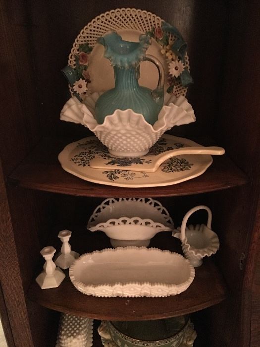 Milk glass, platter and server, Fenton art glass pitcher, antique plate. 