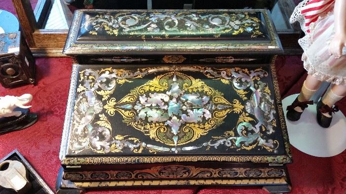 Beautiful C. 1840's, Spanish mother of pearl inlay table top writing desk.