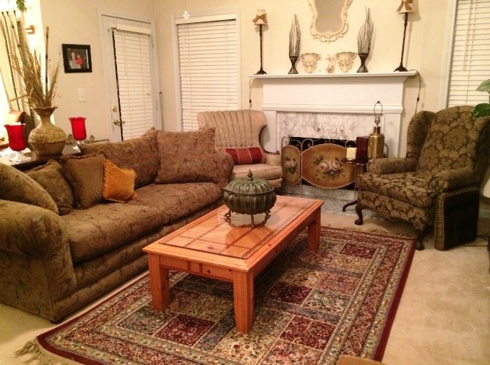 Sofa (has matching love seat and chair not pictured), two vintage upholstered chairs, coffee table, rug & more