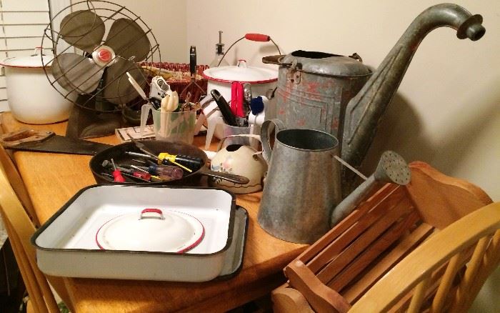 Vintage Enamelware, Vintage Oil Can, Vintage Fan, More