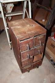 Vintage multi drawer wood organizing cabinet, missing one drawer