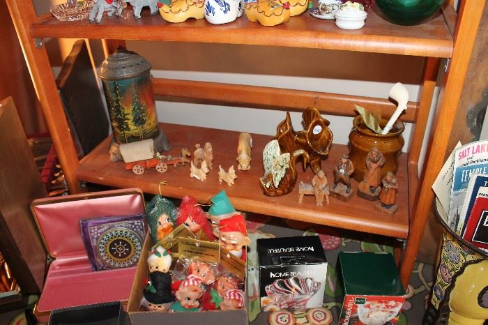 Vintage Van Briggle pottery, Scene In Action Co. motion lamp, as-is and vintage Christmas, Elf on the Shelf, Uncle Mistletoe and Aunt Holly ornaments