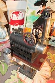 Krauss, Mohr & Co. antique tin litho steam engine toy, made in Germany, with heating element and fuel funnel