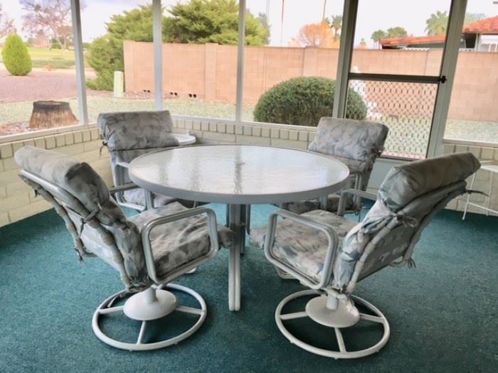 Round Glass-top Patio Table w/ 4 Swivel Rocking Chairs