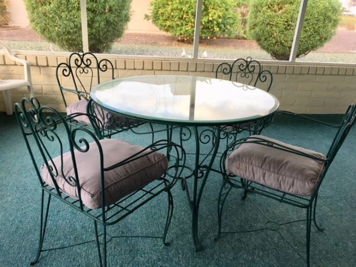 Wrought Iron/Glass Table w/ 4 Arm Chairs