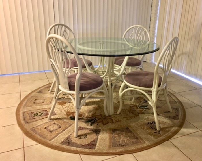 White Rattan/Glass-top Dinette w/ 4 Chairs